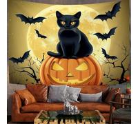 DLERFLOVR Tapisserie Murale Citrouille D'Halloween Tenture Murale Chat Noir Et Chauve-Souris Couverture Murales Jaune Tapisseries Decoration Murales pour Maison Salon Chambre Dortoir, 230x180 cm