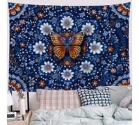 DLERFLOVR Tapisserie Murale Fleurs Et Papillons Géométriques Couverture Murales Mandala Sacré Tenture Murale Bleu Foncé Tapisseries Decoration Murales pour Salon Chambre Dortoir, 150x100 cm