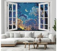 DLERFLOVR Tapisserie Murale Forêt De Lucioles - 200x150 cm Tenture Murale Vue Nocturne De Rêve - Couverture Murales Décoration Tapisseries Tissu pour Maison Salon Chambre Dortoir, Bleu Nuit