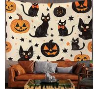 DLERFLOVR Tapisserie Murale Illustration D'Halloween Vintage Tenture Murale Chat Noir Et Citrouille Tapisseries Decoration Murales pour Maison Salon Chambre Dortoir, 150x130 cm, Crème