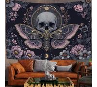 DLERFLOVR Tapisserie Murale Papillons De Nuit, Crânes Et Fleurs Tenture Murale - 230x180 cm Couverture Murales Style Gothique Orné Tapisseries Decoration pour Salon Chambre Dortoir, Gris Anthracite
