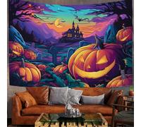 DLERFLOVR Tapisserie Murale Tenture Murale Bandes Dessinées D'Halloween Couverture Murales Montagnes Abstraites Et Citrouilles Tapisseries Decoration Murales pour Salon, Chambre, Dortoir, Violet