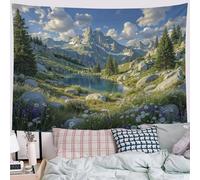 DLERFLOVR Tapisserie Murale Vallée Des Fleurs Sauvages Tenture Murale Paysage Du Lac Alpin Couverture Murales Tapisseries Decoration Murales pour Maison Salon Chambre Dortoir, 100x75 cm, Jaune-Vert
