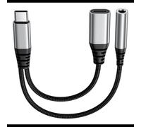 DLH Adaptateur USB-C vers Jack 3.5mm & USB-C 60W - DY-AD5435 - Connecteurs mâle/femelle, 3A, câble tressé 13cm, Aluminium, Noir/Gris, CE/RoHS