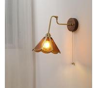 DLHH Applique Murale Tiffany en Bois Nordique avec Interrupteur à chaînette, Abat-Jour en Verre à Motif d'eau, Applique Murale Moderne en Laiton E27, luminaire de décoration intérieure,