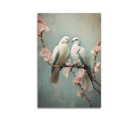 DLJGDS Impression sur toile minimaliste représentant deux colombes sur cerisier - Branche en fleurs - Décoration murale moderne pour chambre à coucher - 50 x 75 cm