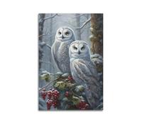 DLJGDS Impression sur toile représentant deux chouettes des neiges perchées sur des branches givrées avec baies rouges - Décoration murale moderne pour chambre à coucher familiale (50 x 75 cm)