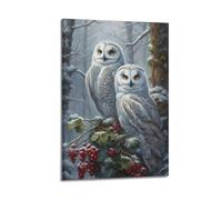 DLJGDS Impression sur toile représentant deux chouettes des neiges perchées sur des branches givrées avec baies rouges - Décoration murale moderne pour chambre à coucher familiale - 20 x 30 cm