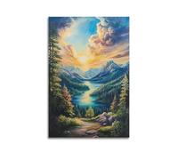 DLJGDS Impression sur toile représentant un coucher de soleil sur un lac de montagne avec chemin de forêt - Affiches murales décoratives pour chambre à coucher familiale - 40 x 60 cm