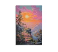 DLJGDS Impression sur toile représentant un coucher de soleil sur une falaise - Chemin latéral avec arbres et fleurs - Décoration murale moderne pour chambre à coucher familiale - 20 x 30 cm