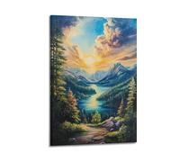 DLJGDS Impression sur toile représentant un coucher de soleil vif sur un lac de montagne avec chemin de forêt - Affiches murales décoratives pour chambre à coucher familiale - 60 x 90 cm