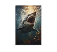 DLJGDS Impression sur toile représentant un grand requin blanc dans une scène sous-marine avec soleil - Raies et poissons - Affiches murales décoratives pour chambre à coucher familiale (30 x 45 cm)