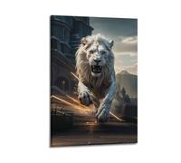 DLJGDS Impression sur toile représentant un lion blanc majestueux dans une charge dynamique proche des structures anciennes - Décoration murale moderne pour chambre à coucher - 20 x 30 cm