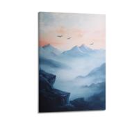 DLJGDS Impression sur toile représentant un paysage de montagne sereine avec oiseaux volants au crépuscule - Décoration murale moderne pour chambre à coucher - 50 x 75 cm