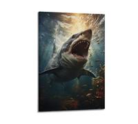 DLJGDS Impression sur toile représentant un requin blanc vif dans une scène sous-marine avec soleil - Raies et poissons - Poster décoratif pour chambre à coucher familiale (60 x 90 cm)