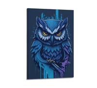 DLJGDS Impression sur toile représentant une chouette bleue élégante avec détails vibrants et effet goutte d'eau - Décoration murale moderne pour chambre à coucher familiale - 20 x 30 cm