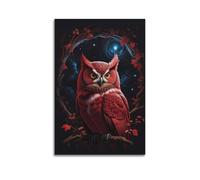 DLJGDS Impression sur toile représentant une chouette rouge vif perchée sur une branche, encadrée par des feuilles sous le cosmos étoilé, décoration murale moderne pour chambre à coucher, 50 x 75 cm