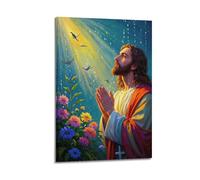 DLJGDS Impression sur toile représentant une figure divine en prière avec des oiseaux, une lumière éclatante et des fleurs - Décoration murale moderne pour chambre à coucher - 20 x 30 cm