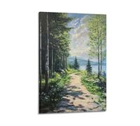 DLJGDS Impression sur toile sur toile avec chemin de forêt pittoresque au bord d'un lac tranquille sous un ciel ensoleillé - Décoration murale moderne pour chambre à coucher familiale - 40 x 60 cm
