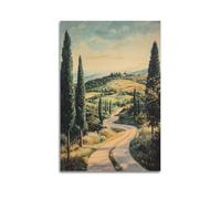 DLJGDS Impression sur toile sur toile représentant un chemin de campagne sereine avec de grands cyprès et une maison lointaine au sommet d'une colline - Décoration murale moderne pour chambre à