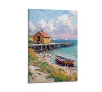 DLJGDS Poster de peinture à l'huile de paysage Le côté tribord du navire. Maisons en bois et bateaux au bord de la mer Affiches murales murales et décoration moderne pour chambre à coucher (50 x 75 cm