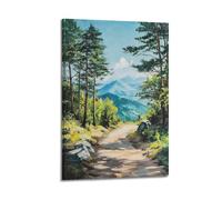 DLJGDS Toile murale décorative sur toile avec chemin de forêt menant à des montagnes majestueuses sous un ciel clair - Décoration murale moderne pour chambre à coucher familiale (60 x 90 cm)
