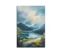 DLJGDS Toile murale décorative sur toile représentant un lac serein entre des montagnes majestueuses avec chemin et verdure - 50 x 75 cm