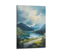 DLJGDS Toile murale décorative sur toile représentant un lac serein entre des montagnes majestueuses avec chemin et verdure - 50 x 75 cm
