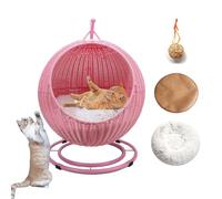DLLDLGG Lit pour Chat en Osier Tissé À La Main, Hamac pour Chat en Osier avec Coussin Doux Et Jouet À Boule Suspendu, Lit Suspendu pour Chat en Rotin Et Jonc De Mer pour Chat(Pink)