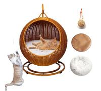 DLLDLGG Lit Surélevé En Osier pour Chat D'intérieur, Lit Pivotant Fait À La Main pour Animal De Compagnie, Nid pour Chat, Chaise Pivotante Surélevée pour Chat Avec Coussin Doux Et Jouet Suspendu(Brown