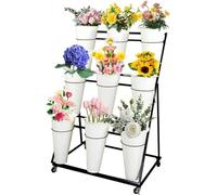 DLLDQBD Présentoir à fleurs avec roues et seaux en plastique - Étagère polyvalente pour bouquet de fleurs et compositions de plantes (taille : 3 niveaux 9 blanc Bucket)