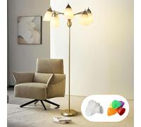 DLLT Lampadaire sur pied salon 5 lumières, lampe de lecture avec 5 abat-jour colorés, lampadaire LED multi-lumière avec col de cygne ajustable pour le salon, la chambre, dorée
