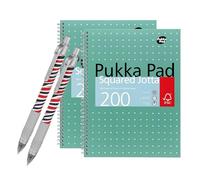 DLM Direct Pukka Pad Lot de 2 cahiers à carreaux métalliques A4 200 pages 80 g/m² à spirales et pages perforées à 4 trous Couverture verte Plusieurs options avec stylo à bille Zebra gratuit