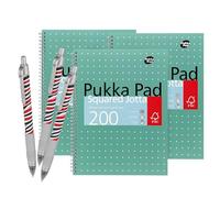 DLM Direct Pukka Pad Lot de 3 cahiers à carreaux métalliques A4 200 pages 80 g/m² à spirale, pages perforées à 4 trous, couverture verte, lot multiple options avec stylo à bille zébré gratuit