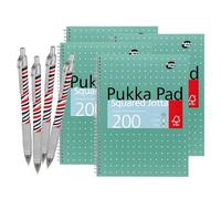 DLM Direct Pukka Pad Lot de 4 cahiers à carreaux métalliques A4 200 pages 80 g/m² à spirales et pages perforées à 4 trous Couverture verte Plusieurs options avec stylo à bille Zebra gratuit