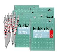 DLM Direct Pukka Pad Lot de 6 cahiers à carreaux métalliques A4 200 pages 80 g/m² à spirales et pages perforées à 4 trous Couverture verte Plusieurs options avec stylo à bille Zebra gratuit
