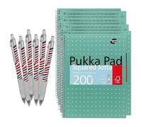DLM Direct Pukka Pad Lot de 9 cahiers quadrillés métalliques A4 200 pages 80 g/m² Pages perforées à 4 trous Couverture verte Plusieurs options avec stylo à bille Zebra gratuit