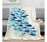 DLONIRPEX 3D Imprimé School of Fish Jeté de Canapé Microfibre Chaud Bleu Aquarelle Couverture Compacte pour Jeunes Adultes Salariés Voyageurs 80×90inch(200x230cm)