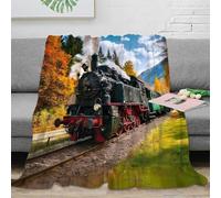 DLONIRPEX 3D Imprimé Vintage Steam Train Couverture de Lit Microfibre Chaude Autumn Forest Scenery Jeté de Canapé Cadeau Noël pour Amoureux Famille 70×80inch(180x200cm)