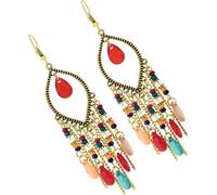Dlouhé Boho Visací Náušnice v Orientálním Retro Stylu, Kov a Korálky, 9.5 cm x 2.5 cm