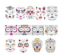 DLPRK 13 Feuilles Tatouages Visage Halloween Adultes, Tatouages Temporaires Crâne & Zombie, Accessoires Costume Vampire Femme, Tatouage Dia De Los Muertos, Stickers Maquillage Halloween