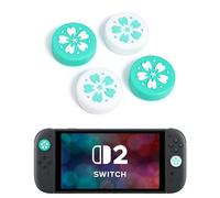 DLseego Capuchons de Poignée Pouce pour Switch 2,4PCS Kawaii Jolie Fleurs Capuchon de Joystick,Antidérapant Silicone Améliorer Contrôle Bouton de Capuchon de Protection,Blanc+Vert