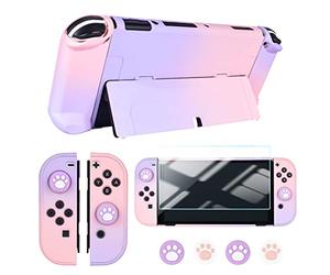 DLseego Case pour Nintendo Switch OLED Model, Housse de Protection Hard Shell avec Absorption Chocs et Anti-rayures Design, Protecteur d'écran et 4 Capuchons de Pouce pour Switch OLED 2021-Rose+Violet