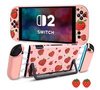 DLseego Coque de Protection pour Switch 2,Fraise Mignonne Dockable Dur Anti-Rayures Antichoc Design Housse de Protection avec 2 Cover pour Poignée Souple et 2PCS Capuchon de Joystick,Grande Fraise