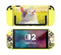 DLseego Coque de Protection pour Switch 2,Housse Amovible Motif Chat Mignon Anti-Rayures, Coque Rigide,Protection Antichoc avec 2 Souples Poignées et 4 Capuchon Poignée de Pouce,Jaune
