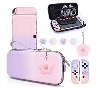 DLseego Coque de transport pour interrupteur OLED rose et violet avec 10 emplacements, coque rigide de protection avec 4 capuchons de pouce en forme de patte de chat à paillettes et 1 chaîne en fleurs