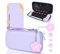 DLseego Étui de transport avec 10 emplacements, jolie coque de protection rigide pour station d'accueil, 4 capuchons à paillettes en forme de patte de chat et 1 chaîne en fleurs pour Switch Lite 2019