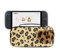 DLseego Étui de Transport Compatible avec Switch 2,Cœur Léopard Dur Sacoche de Protection,Pochette Portable de Rangement Jeux de Voyage avec 1 PC en Peluche Coeur Léopard Breloque,Marron