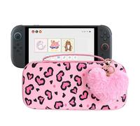 DLseego Étui de Transport Compatible avec Switch 2,Cœur Léopard Dur Sacoche de Protection,Pochette Portable de Rangement Jeux de Voyage avec 1 PC en Peluche Coeur Léopard Breloque,Rose