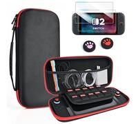 DLseego Étui de Transport pour Switch 2,Dur PochetteRangement Housse de Transport avec 2 Pièces Verre Trempéet 2PCS Capuchons de Poignée de Pouce,Rouge